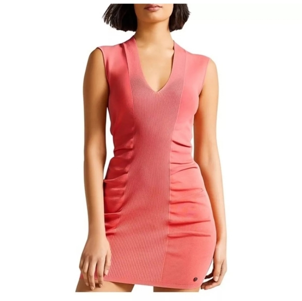 TED BAKER LONDON Novari Ruched Rib Knit Dress Coral Size 14 (6)